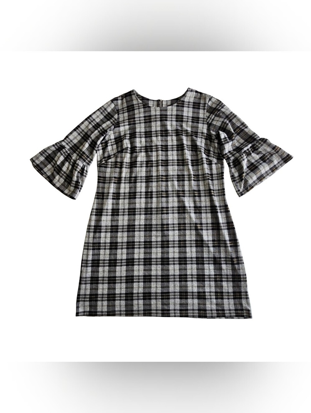 Women's Plus Size 1X Black & White Plaid Bell-Sleeve Holiday Dress